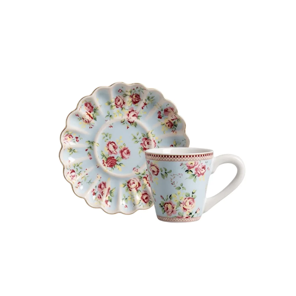 SET TAZA DE CAFE C/ PLATILLO AZUL C/ ROSAS VO DULCE 11,5 x 13 x 9